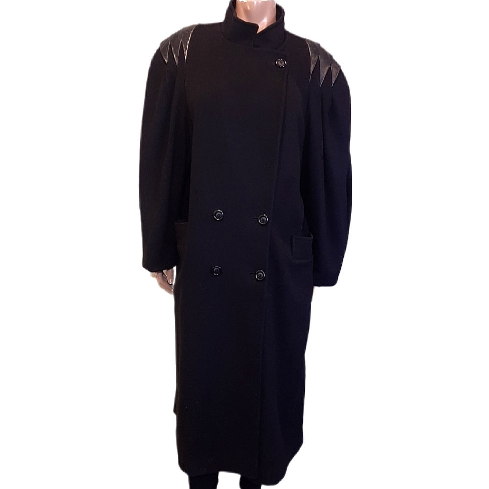 Vintage Luba Paris Pure Wool Coat Leather Double Breasted Black Oversized